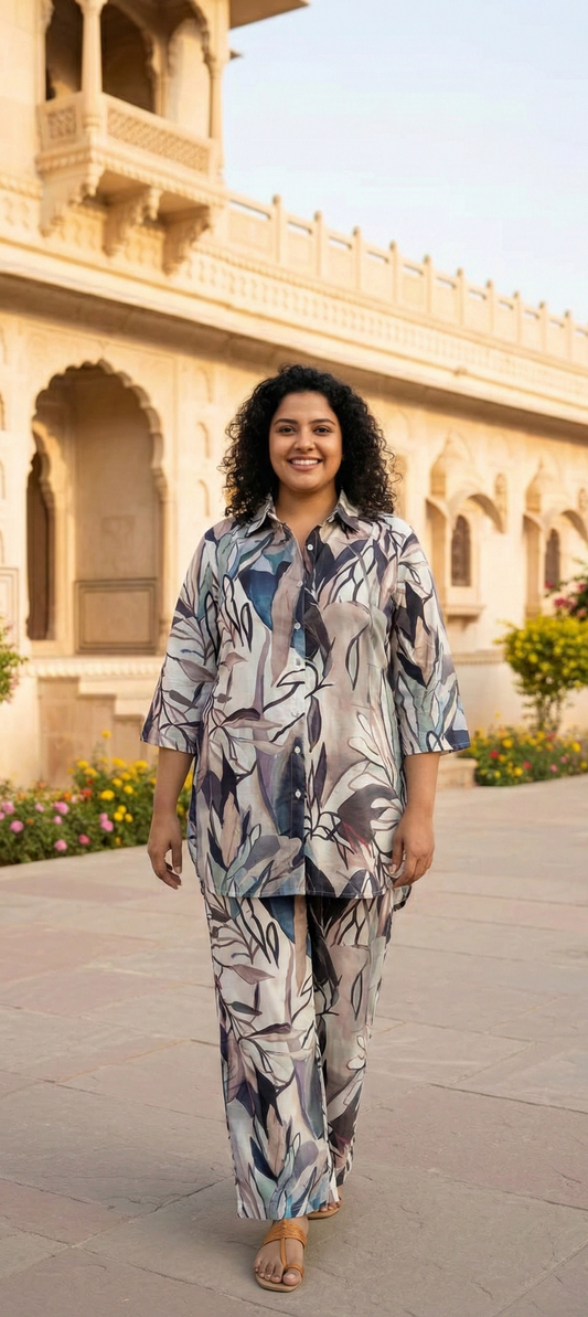 Elegant Botanical Print Co-Ord Set for Women – Relaxed Fit Shirt & Wide-Leg Pants