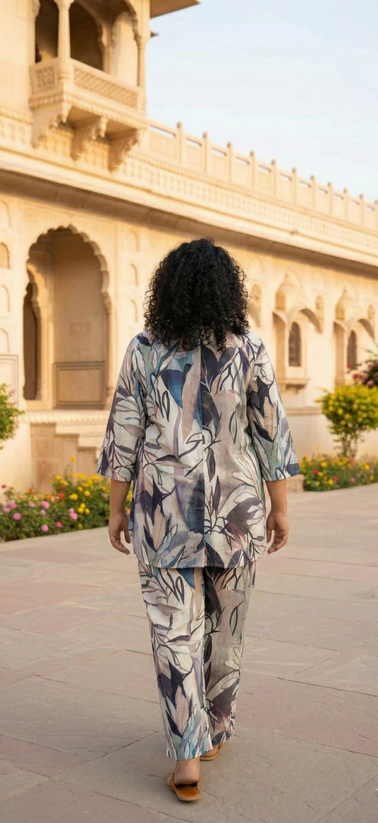 Elegant Botanical Print Co-Ord Set for Women – Relaxed Fit Shirt & Wide-Leg Pants