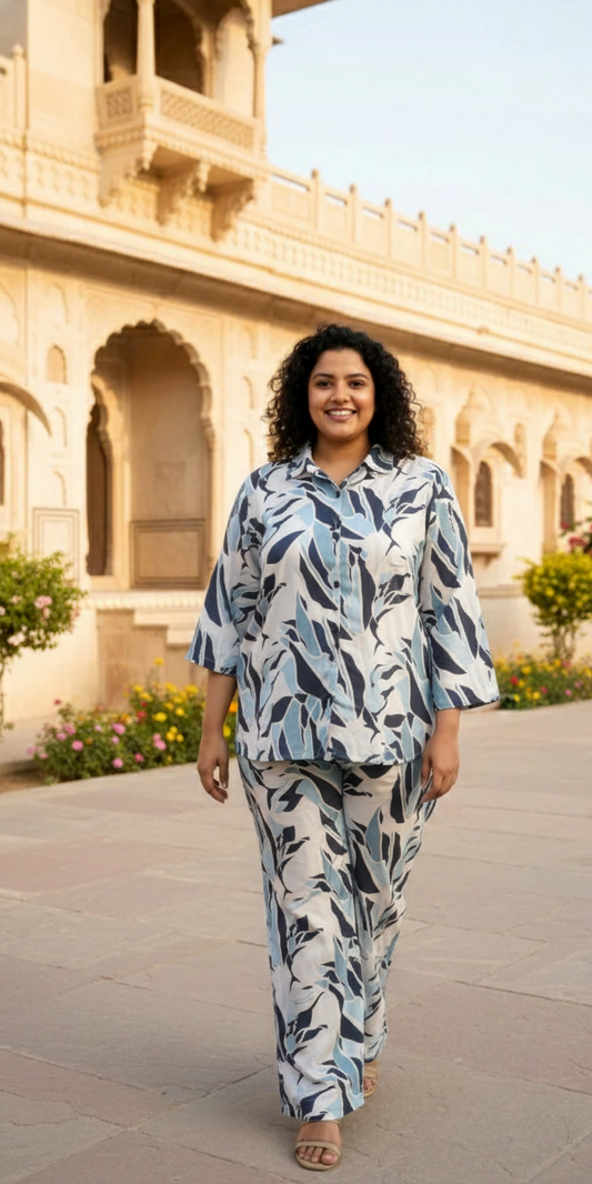 Blue & White Leaf Print Cotton Co-Ord Set for Women | Relaxed Fit Shirt & Pant Set