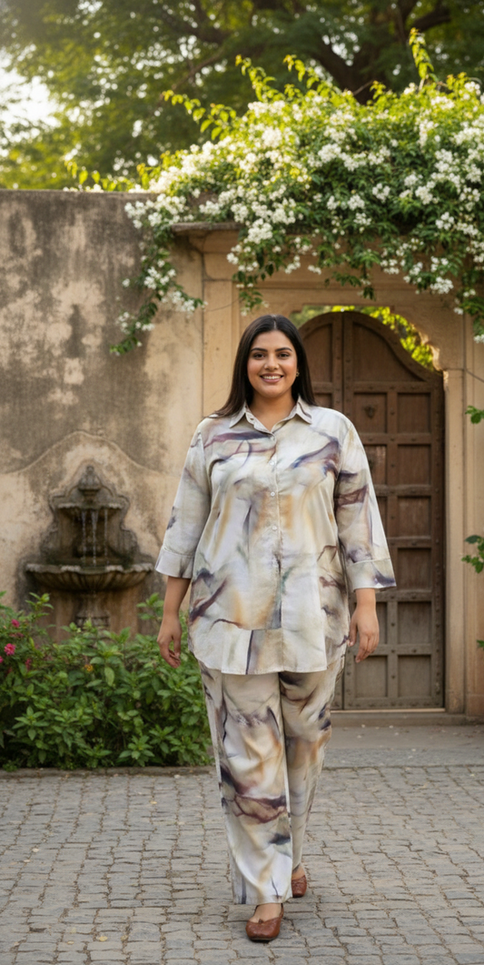 Beige Marble Print Co-Ord Set for Women | Elegant Shirt Top & Straight Pant Set