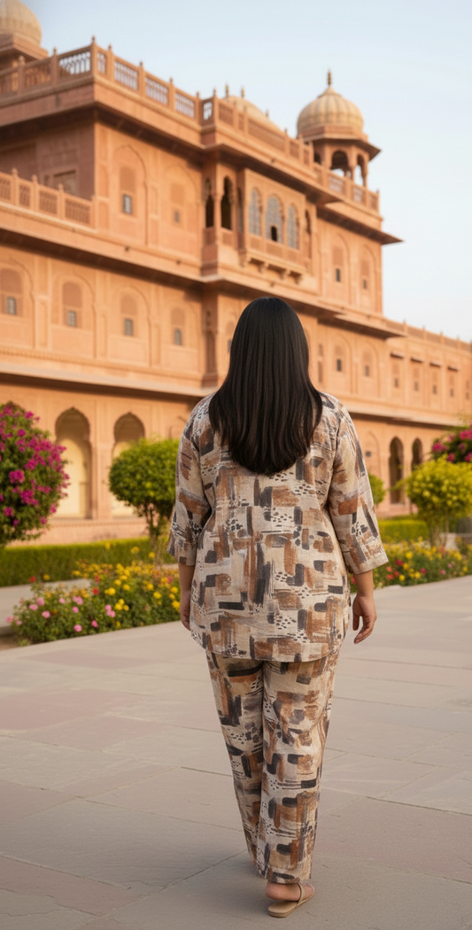 Brown & Beige Abstract Print Co-Ord Set for Women | Relaxed Fit Shirt Top & Pant Set