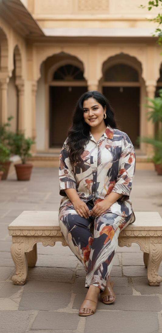 Beige & Rust Floral Printed Co-Ord Set for Women | Elegant Casual Wear Set