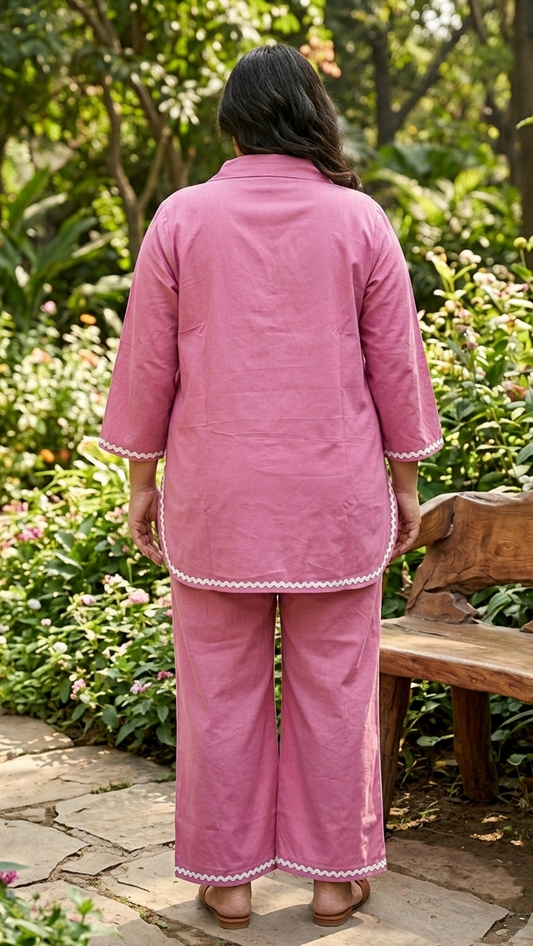 Rose Pink Cotton Co-ord Set for Women | Collar Neck Top & Straight Pants Set