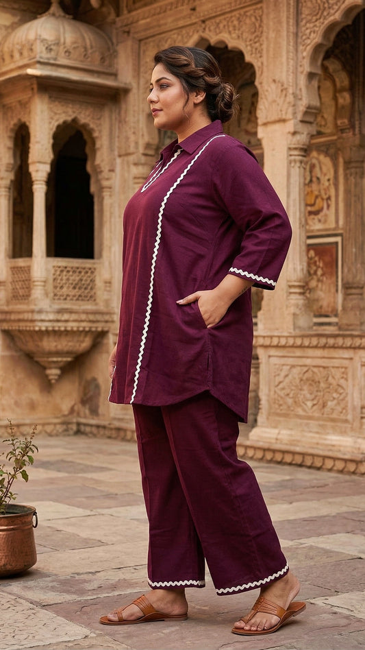 Plus Size Wine Cotton Co-ord Set with Contrast Lace Detailing | Elegant Ethnic Co-ords for Women