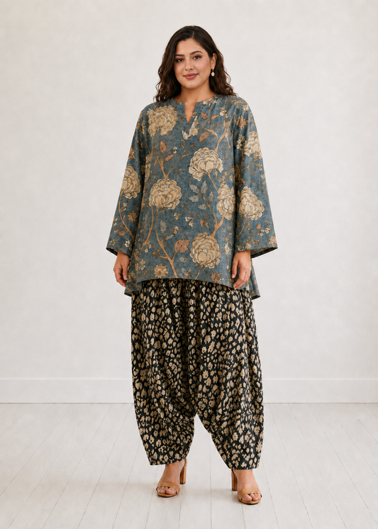 Blue Grey Peony Bloom Farshi Salwar Co-ord Set