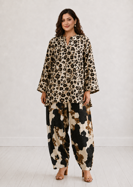 Beige Black Blossom Farshi Salwar Co-ord Set