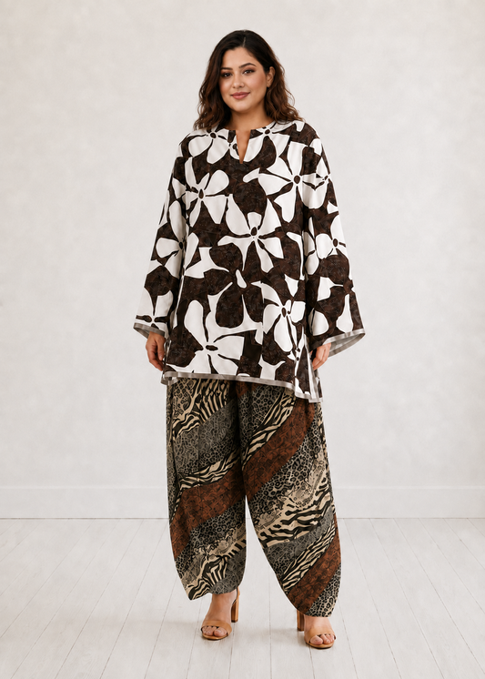 Brown White Retro Floral Farshi Salwar Co-ord Set