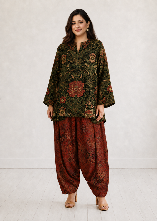 Olive Green Heritage Floral Farshi Salwar Co-ord Set