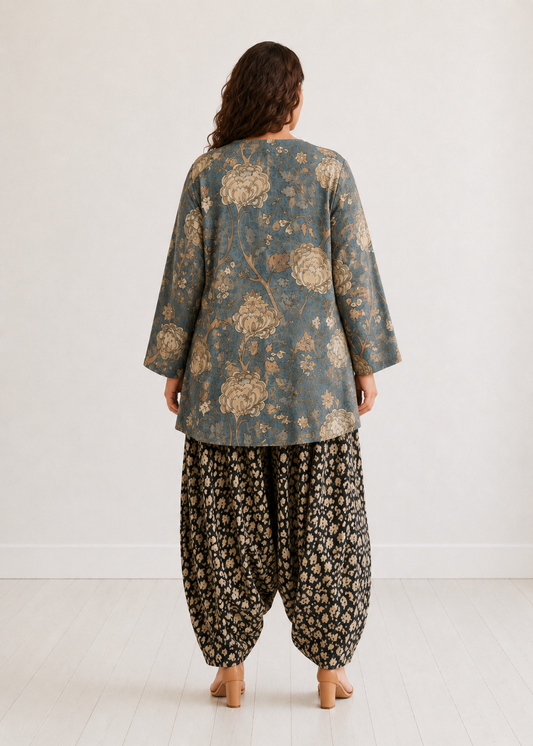 Blue Grey Peony Bloom Farshi Salwar Co-ord Set
