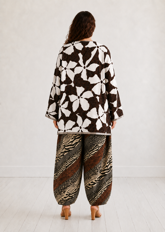Brown White Retro Floral Farshi Salwar Co-ord Set