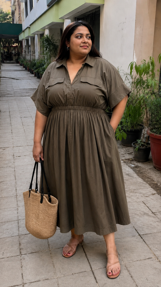 Olive Green Collared Shirt Dress