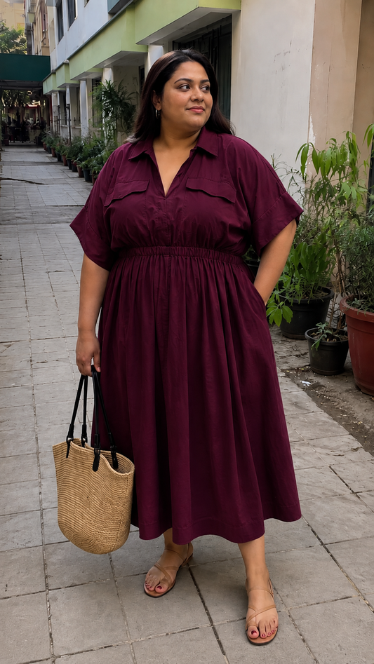 Wine Maroon Collared Shirt Dress
