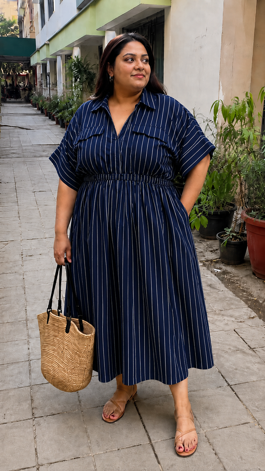 Navy Pinstripe Collared Shirt Dress