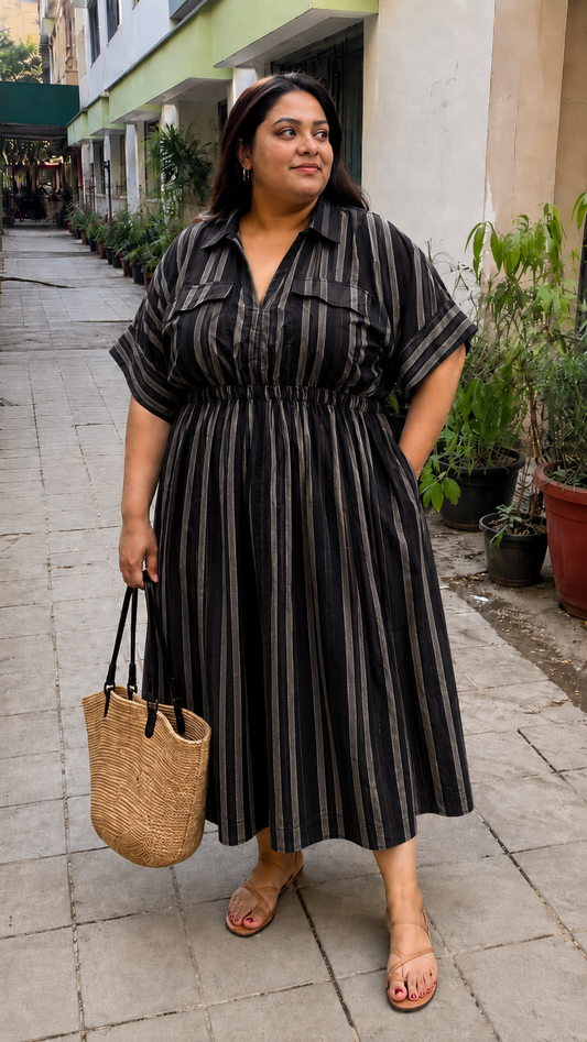 Charcoal Stripe Collared Shirt Dress