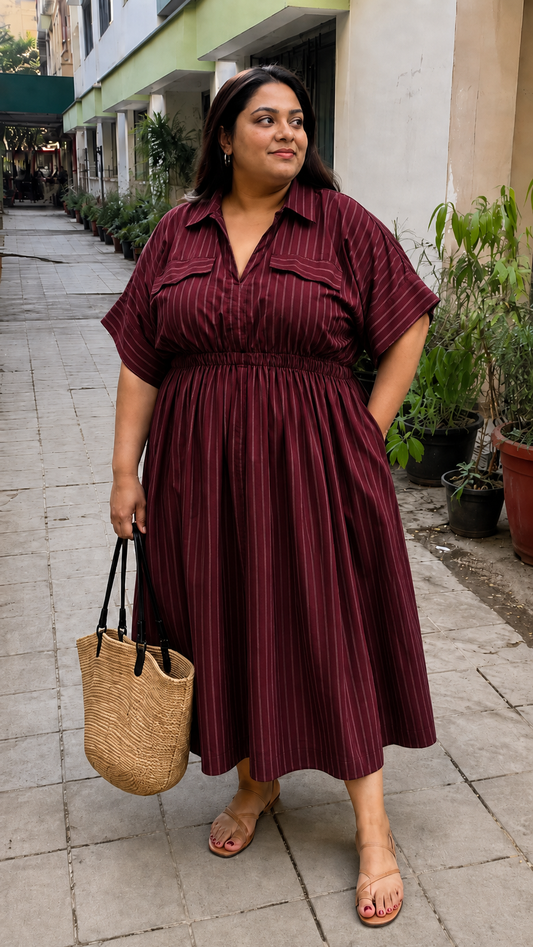 Maroon Pinstripe Collared Shirt Dress