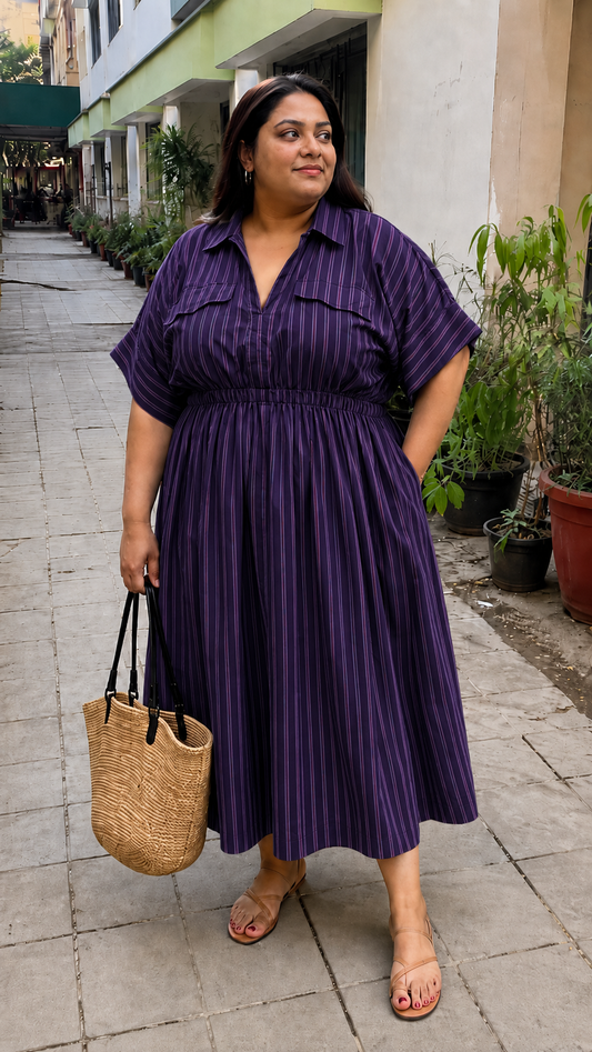 Purple Pinstripe Collared Shirt Dress