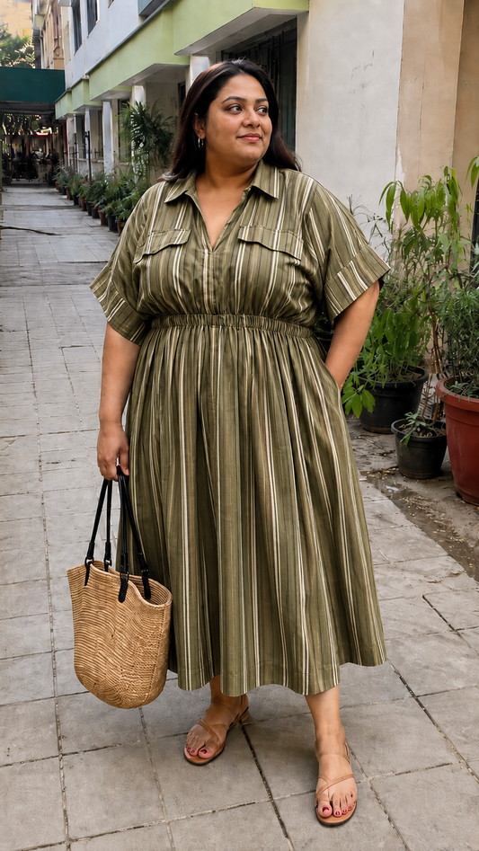 Olive Multi-Stripe Collared Shirt Dress