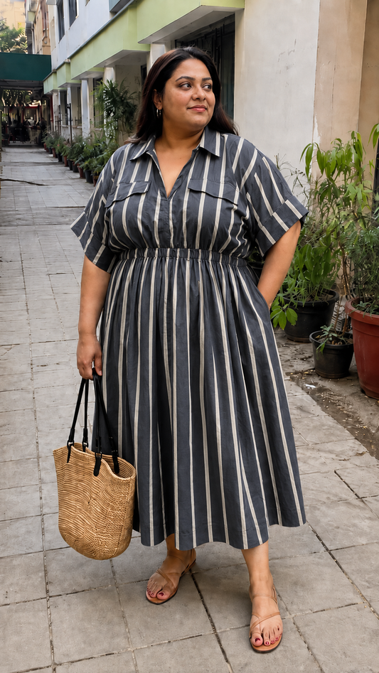 Charcoal Grey Stripe Collared Shirt Dress