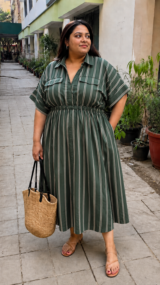 Green Stripe Collared Shirt Dress