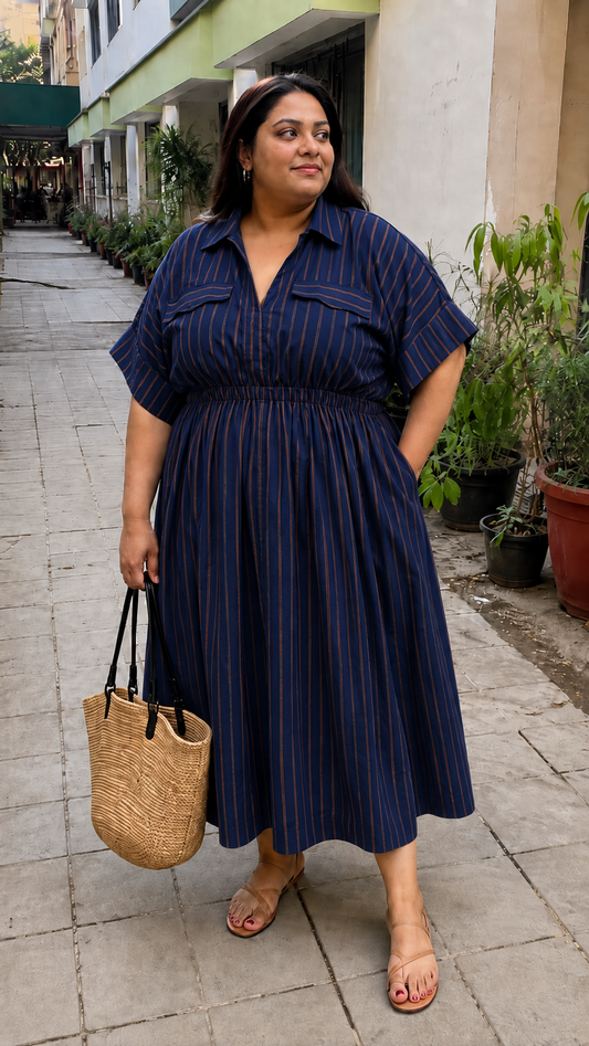 Navy Rust Stripe Collared Shirt Dress