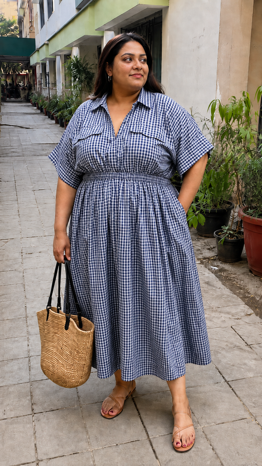 Navy Gingham Check Shirt Dress