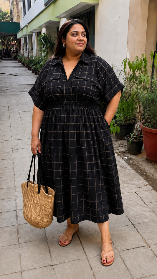 Black Windowpane Check Shirt Dress