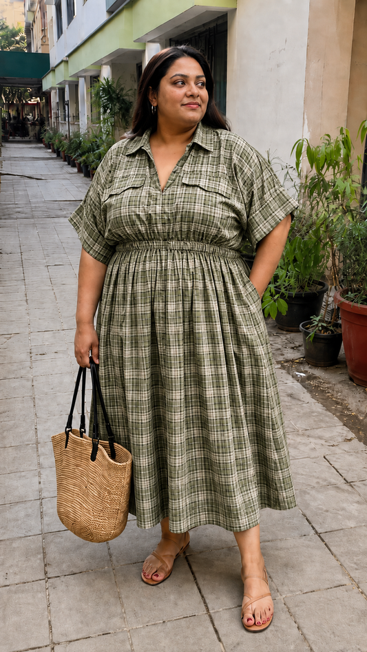Olive Plaid Check Shirt Dress
