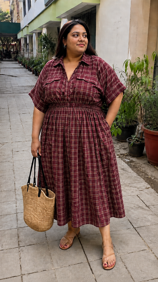 Maroon Plaid Check Shirt Dress
