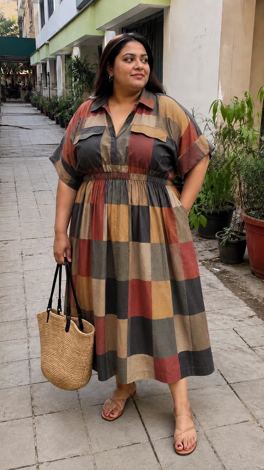 Rust Multicolor Check Shirt Dress