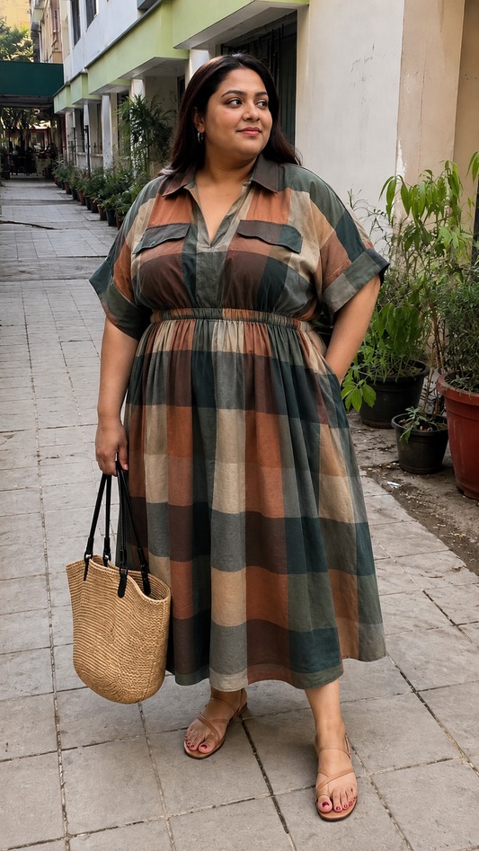 Forest Rust Colorblock Shirt Dress