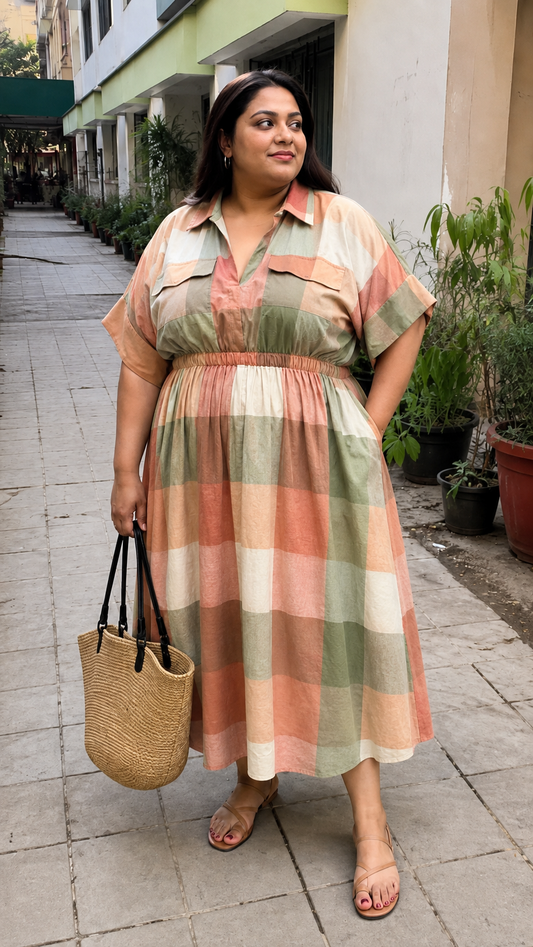 Peach Sage Colorblock Shirt Dress