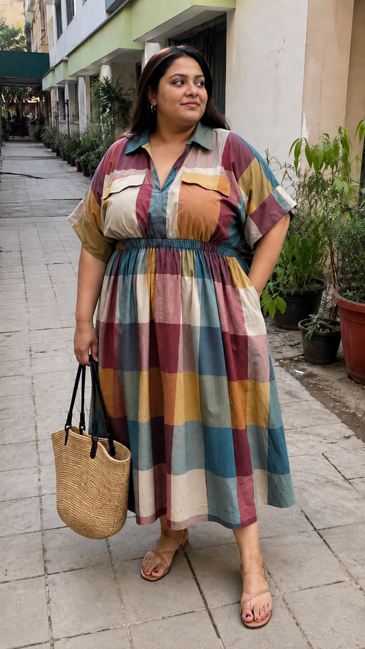 Teal Mustard Multicolor Check Shirt Dress