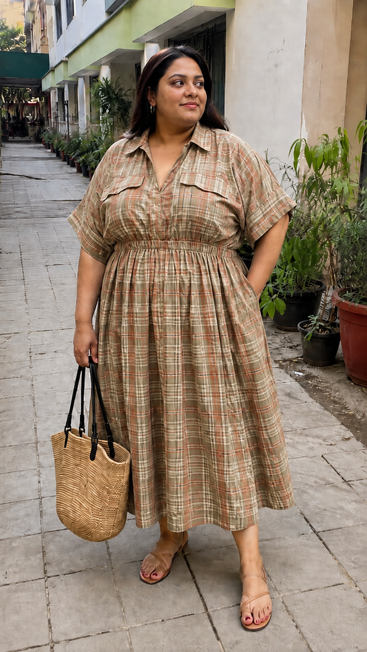 Tan Plaid Check Shirt Dress