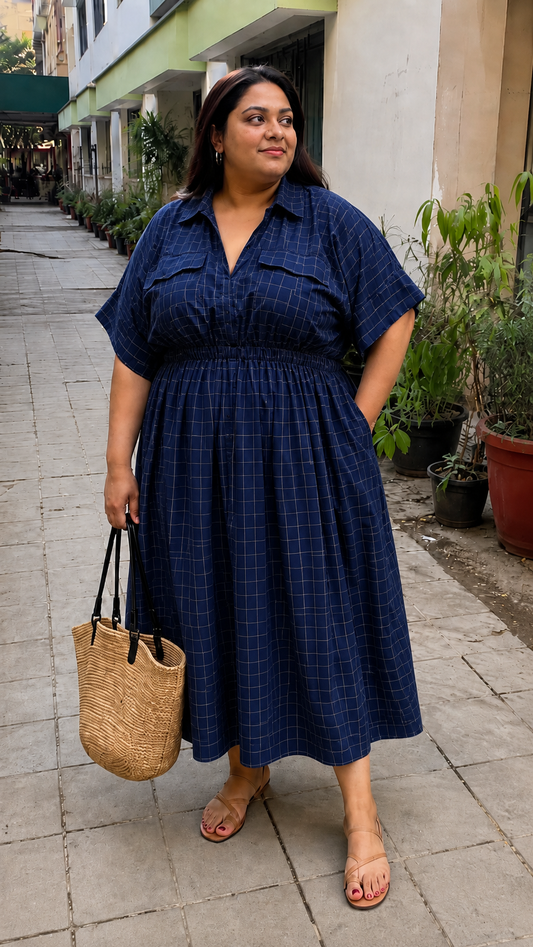 Navy Windowpane Check Shirt Dress