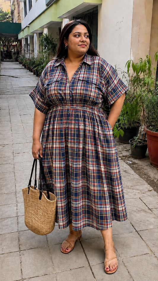 Navy Madras Check Shirt Dress
