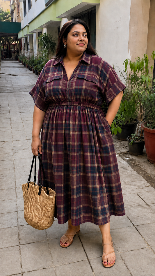 Maroon Plum Plaid Shirt Dress