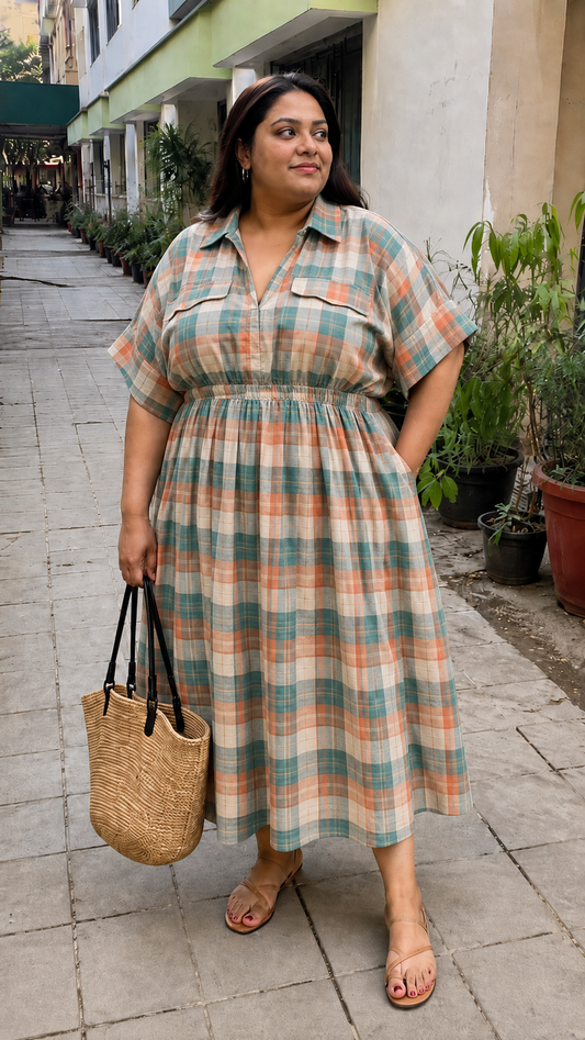 Teal Coral Plaid Shirt Dress