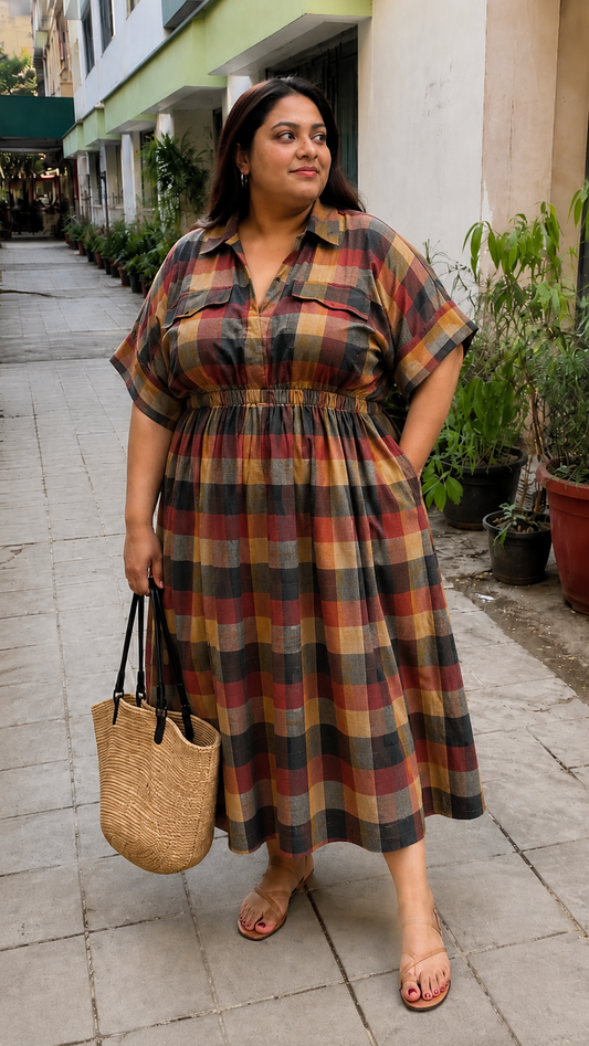 Rust Charcoal Multicolor Plaid Shirt Dress