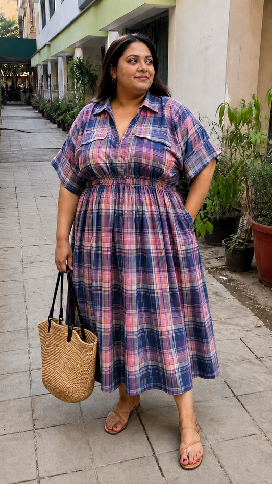 Blue Pink Plaid Shirt Dress