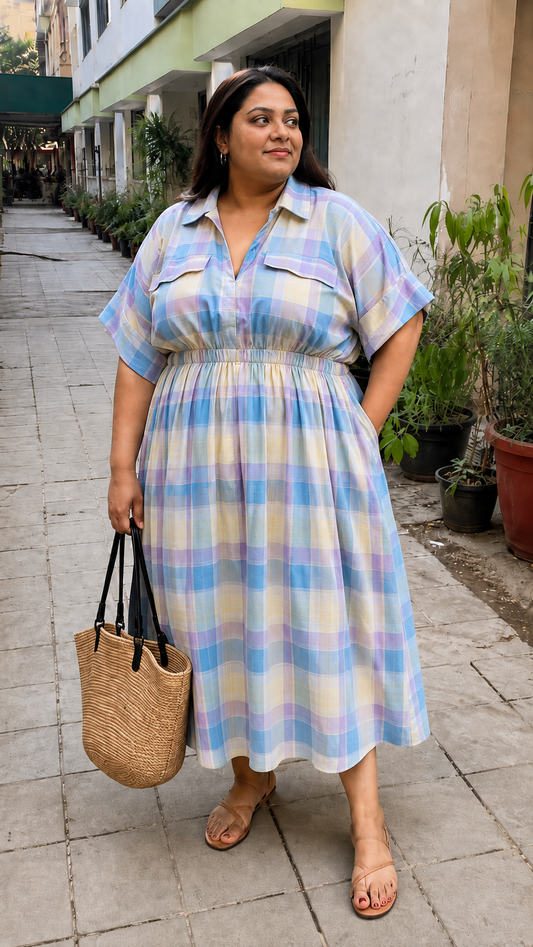 Pastel Multicolor Plaid Shirt Dress