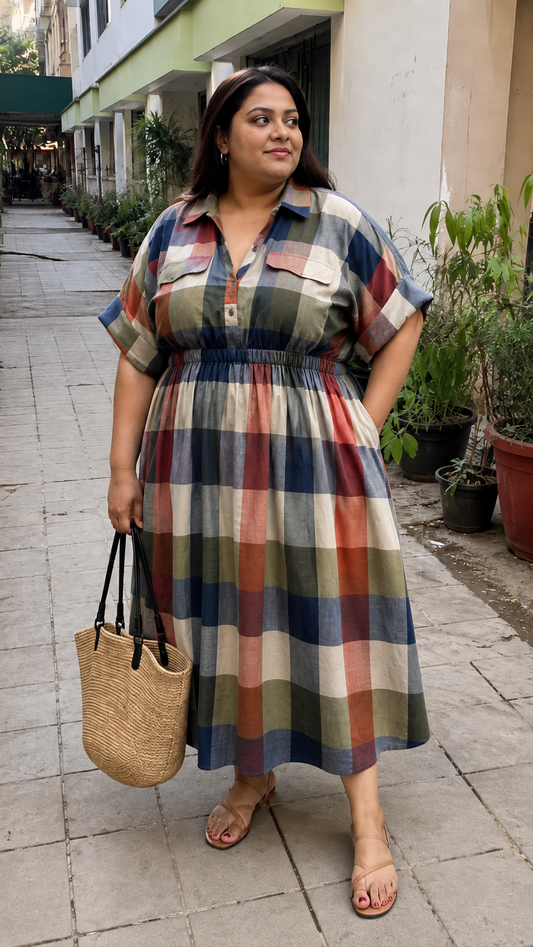 Navy Red Multicolor Plaid Shirt Dress
