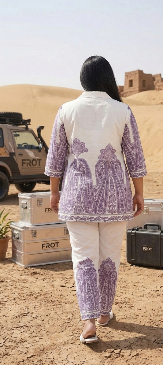 White & Lavender PrintedCo-Ord Set Cotton