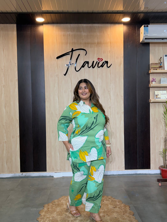 Plus Size Green Printed Cotton Co-ord Set – Comfortable Everyday Wear for Women