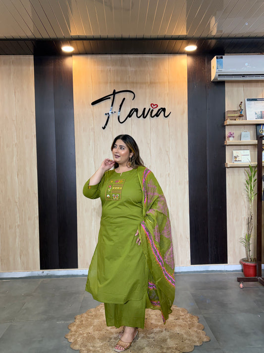 Classic Olive Green Cotton Kurta Set with Tribal-Inspired Embroidered Yoke and Printed Dupatta