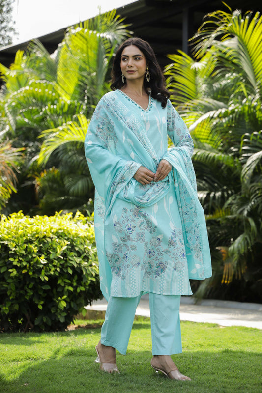 Serene Aqua Blue Floral Print Cotton Kurta Set with Dupatta  Export to Sheets