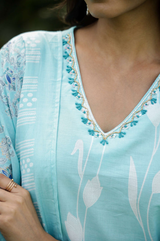 Serene Aqua Blue Floral Print Cotton Kurta Set with Dupatta  Export to Sheets