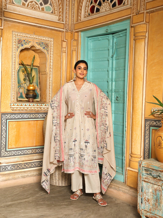 Ivory & Pink Heritage Print Cotton Suit Set with Dupatta  Export to Sheets