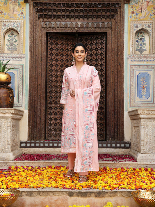 Pastel Pink Heritage Print Cotton Suit Set with Dupatta