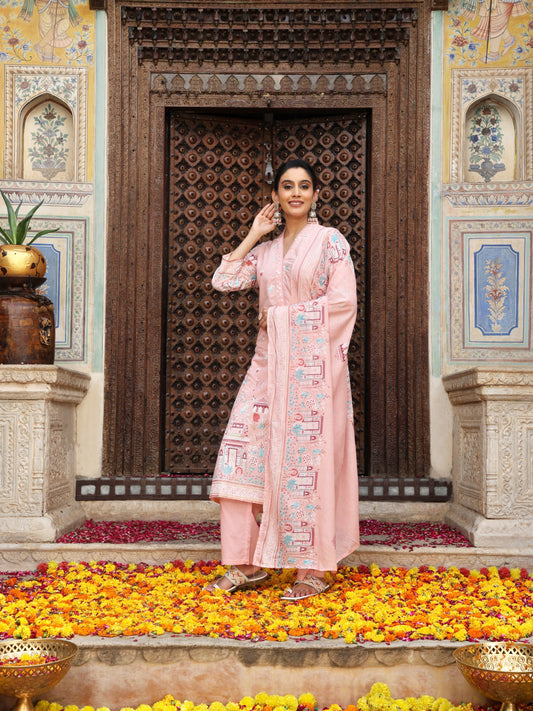 Pastel Pink Heritage Print Cotton Suit Set with Dupatta