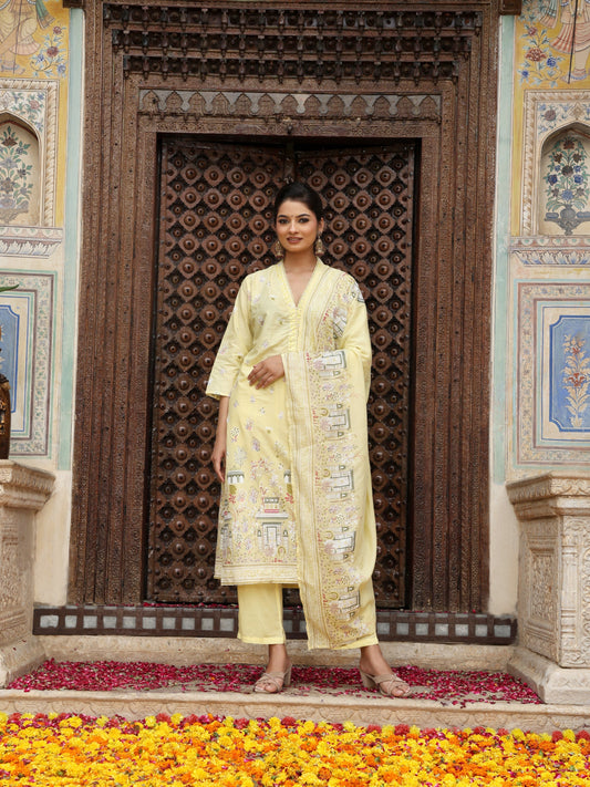 Lemon Yellow Heritage Print Cotton Suit Set with Dupatta